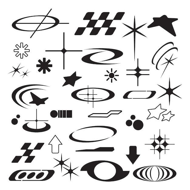 an assortment of different shapes and sizes on a white background, including stars, circles, lines