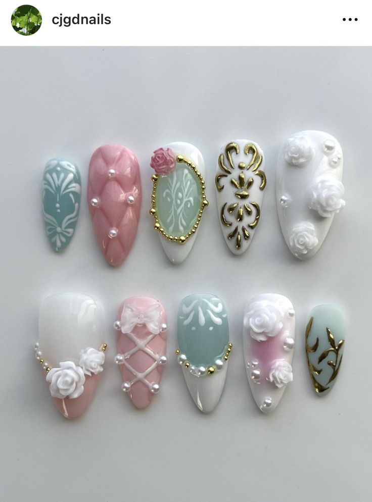 Marie Antoinette Nail Art, Nail Art Sketch, Marie Antoinette Inspired Nails, Ornate Nails, Marie Antoinette Nails, Rococo Nails, Rose Nails, Pretty Gel Nails, Cute Acrylic Nail Designs