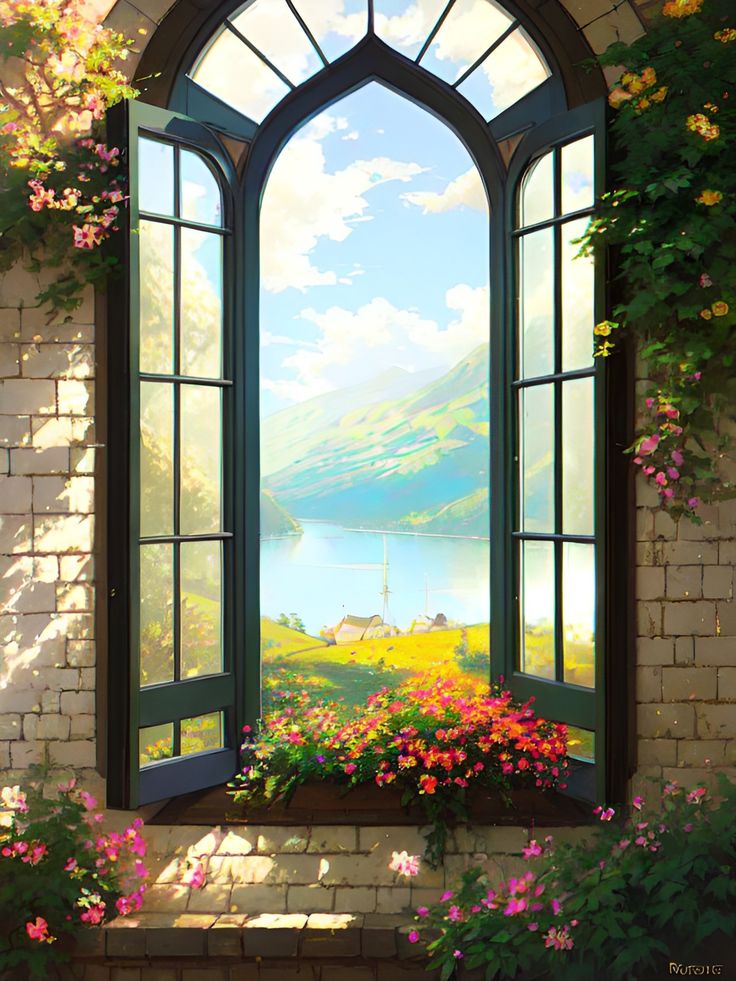 an open window with flowers on the windowsill and water in the backround