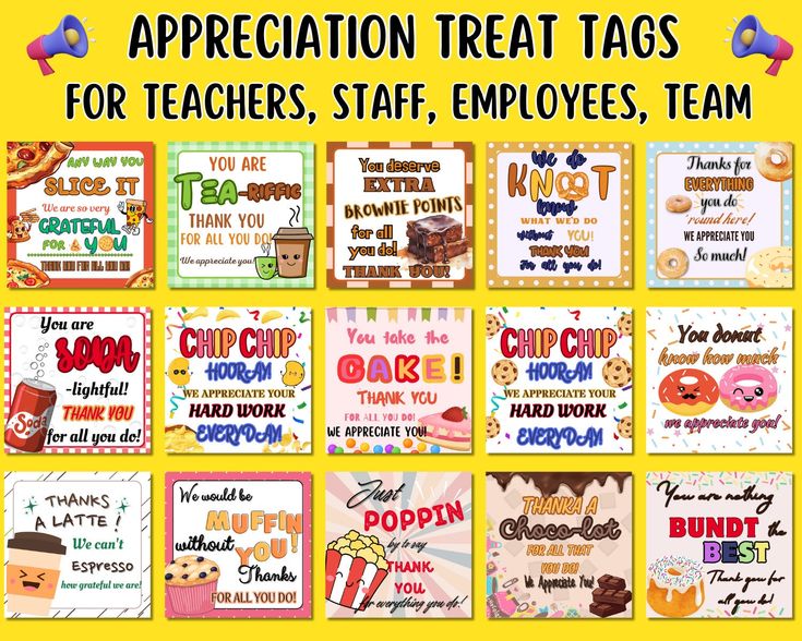 the appreciation treat tags for teachers, staff employees, and team members are on display