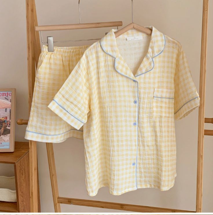 Vintage Inspired Gingham Shorts Pajama Set / Yellow Pajamas Stylish Bedding, Plaid Set, Bed Sheet Sizes, Shorts Pajama Set, Cute Pjs, Cute Pajama Sets, Gingham Shorts, Stylish Beds, Cute Pajamas