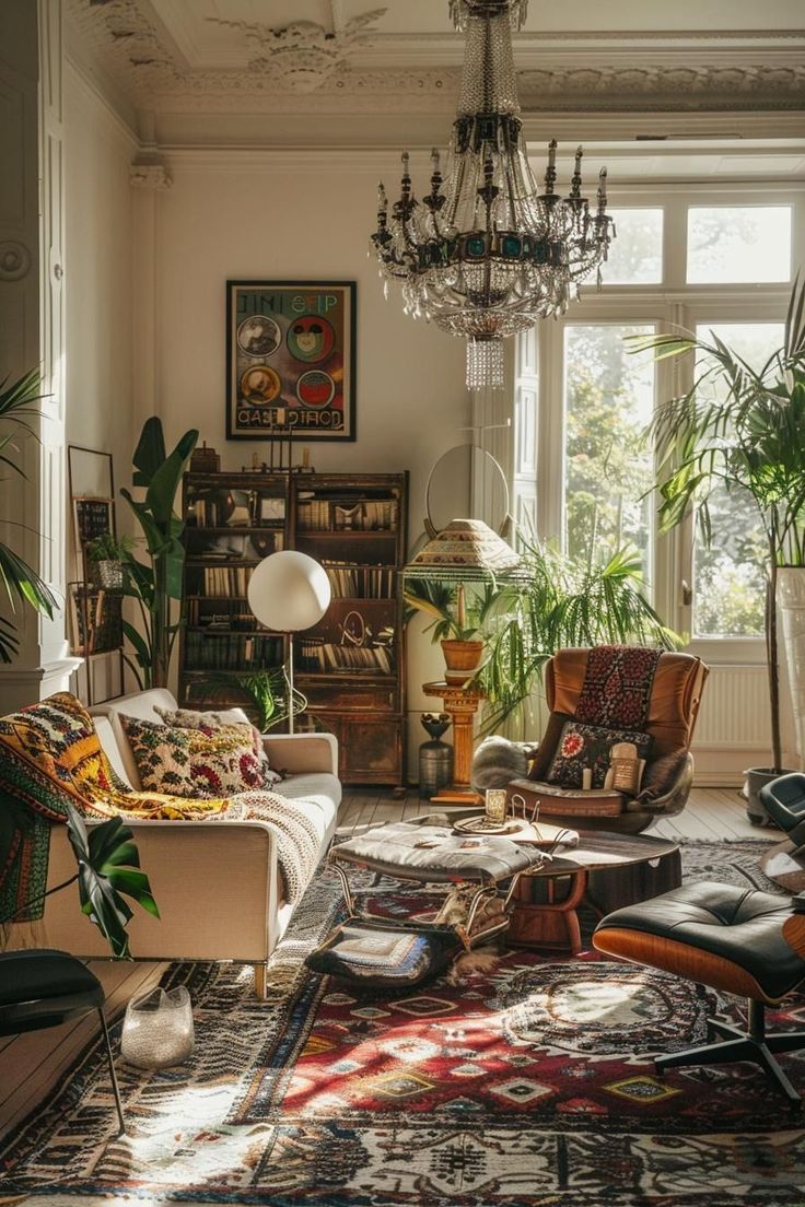 a living room filled with furniture and a chandelier hanging from the ceiling next to a window