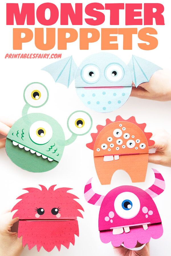 hands holding paper monsters with the title monster puppets