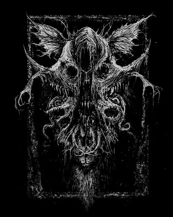 a black and white drawing of a demon with horns on it's head, in front of a dark background