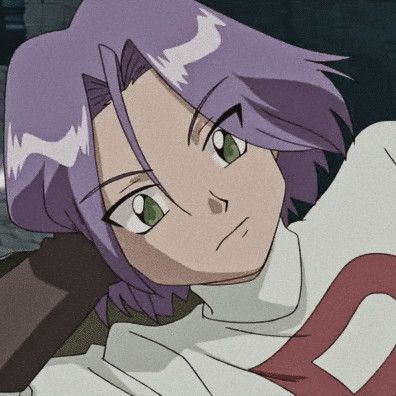 an anime character with purple hair and green eyes wearing a white shirt, looking at the camera