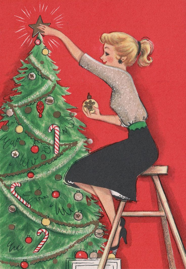 a painting of a woman decorating a christmas tree