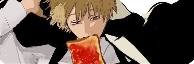 an anime character eating a piece of food with one hand and another holding his head in the other