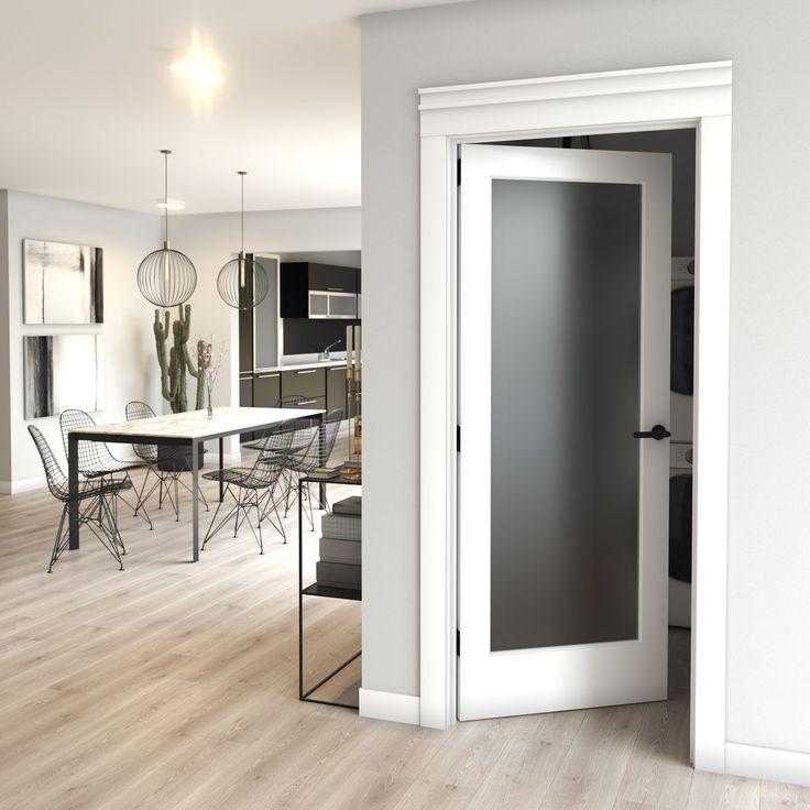 This timeless 1 Lite French door features a sophisticated and minimalist design. This beautiful door will suit any room, enlarging the ambience to give a warm and cozy felling. The frosted glass lets light through, saving on energy while offering privacy. Having a solid wood core and tempered glass panel, this door offers extra safety for you and your loved ones. This solid wood door is made from planted forest trees in accordance with FSC regulations, being an environmentally friendly product. This door is made for interior use only, and is fully finished product, so it should not be painted or stained in any way to prevent damage to the product. EightDoors 24-in x 80-in White Finished 1-panel Square Frosted Glass Smooth Solid Core Prefinished Pine Wood Slab Door | 50388019802435FR Glass Office Doors, Painted French Doors, White French Doors, Frosted Glass Interior Doors, Slab Doors, Barn Door Installation, Frosted Glass Door, Glass Panel Door, Glass Doors Interior