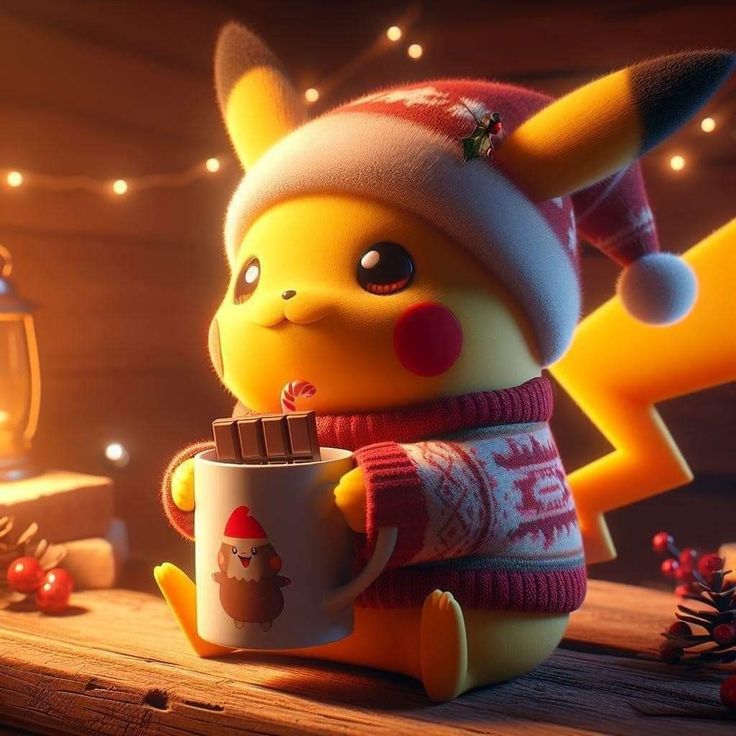 pikachu holding a coffee cup and wearing a christmas hat while standing on a table