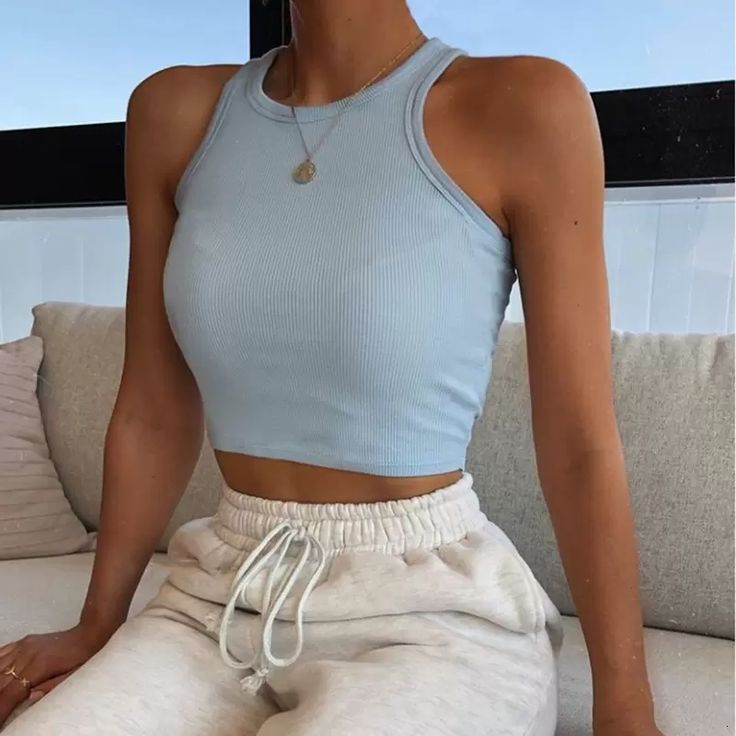 Midriff Solid Color Bare Tank Top Fashion Crop Tops T Shirt Women Clothes Will And Sandy Drop Ship From Ahokaoneone, $14.08 | DHgate.Com White Tank Top Women, Colorful Crop Tops, Sleeveless Outfit, Style Hip Hop, Cooler Look, Mini Robes, Summer Crop Tops, Summer Tank, Cropped Tops