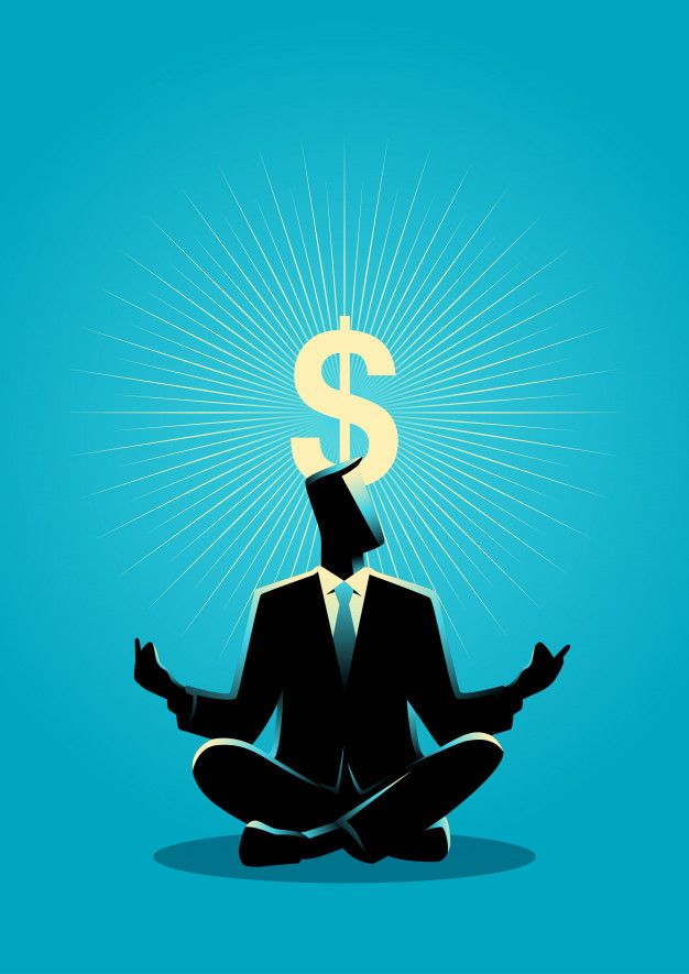 a man sitting in the middle of a yoga pose with a dollar sign on his head