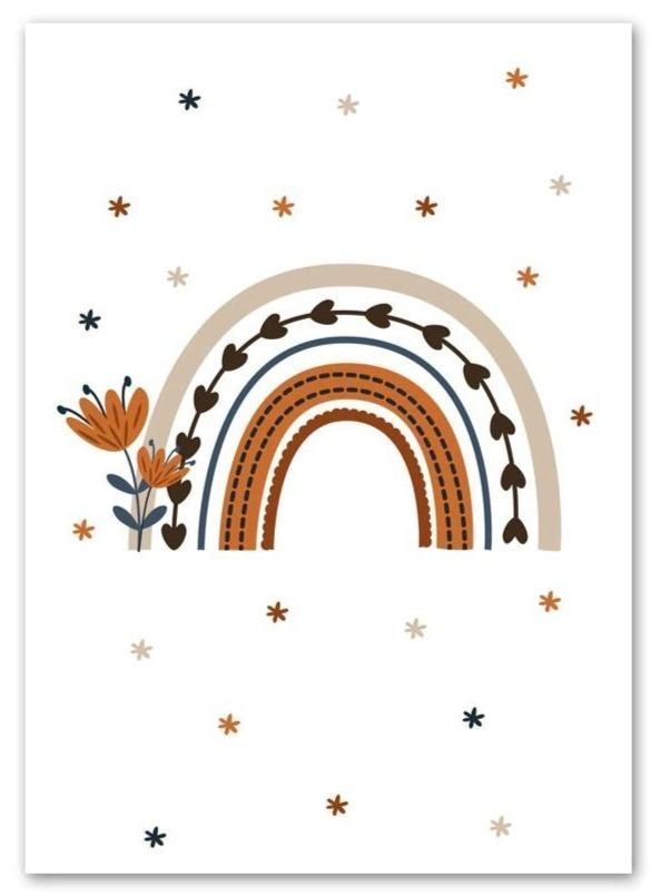 a white poster with an orange flower and a rainbow in the middle, on top of stars