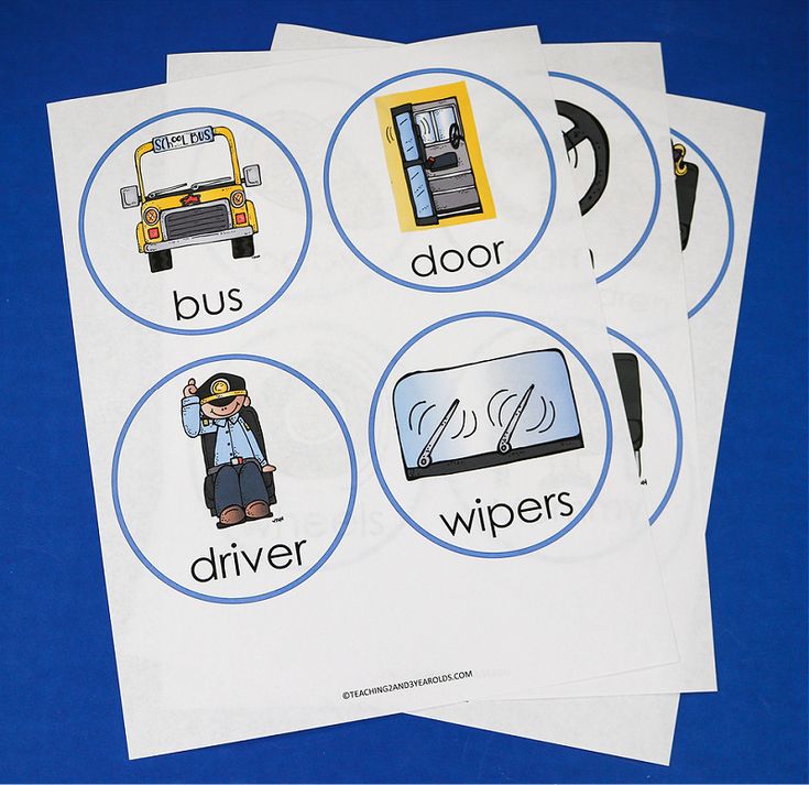 four stickers with pictures of different vehicles and words in blue circles on a blue background