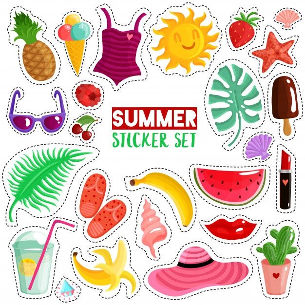 the summer sticker set includes various items such as fruit, watermelon and sun