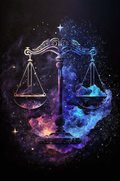 the scales of justice in space with stars and clouds around them, as well as an image of galaxy