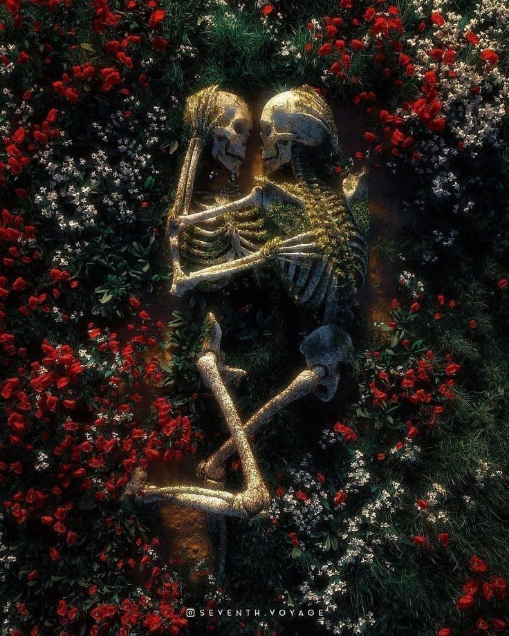 two skeletons sitting in the middle of some red flowers with their arms around each other