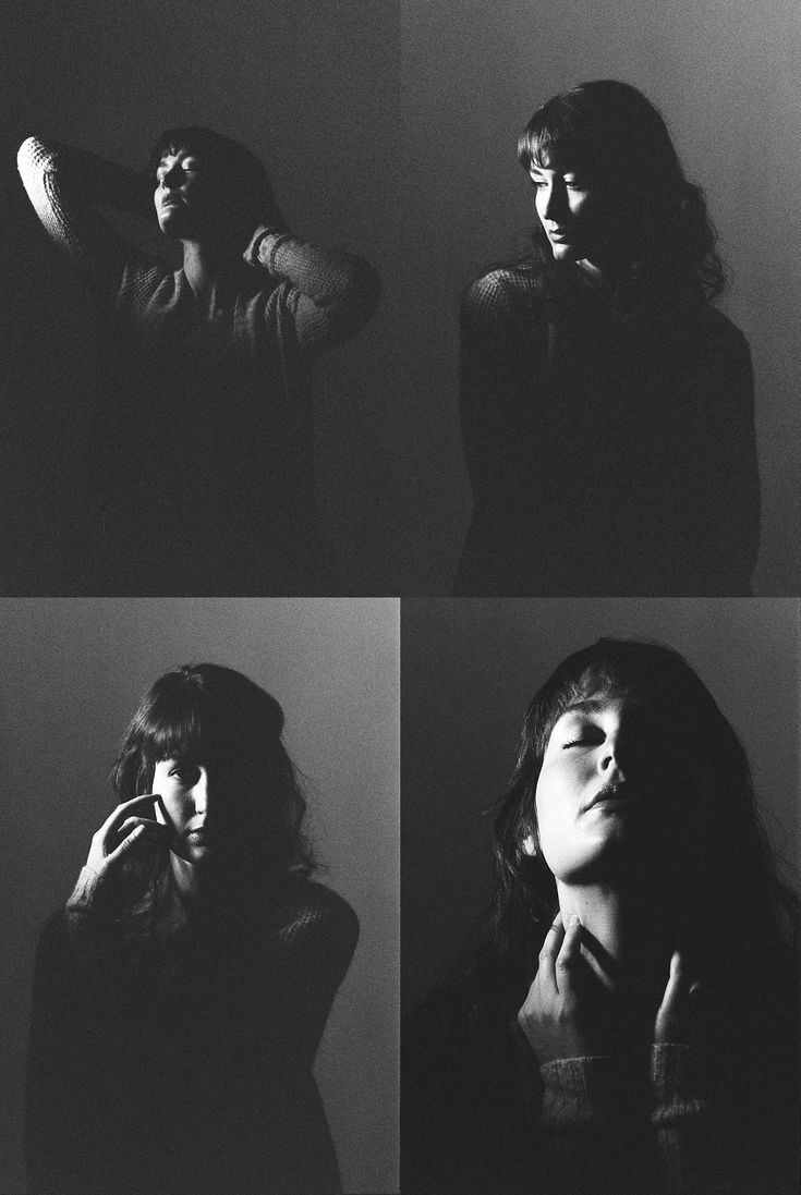 four black and white photos of a woman talking on her cell phone, with three different angles to the same person's face