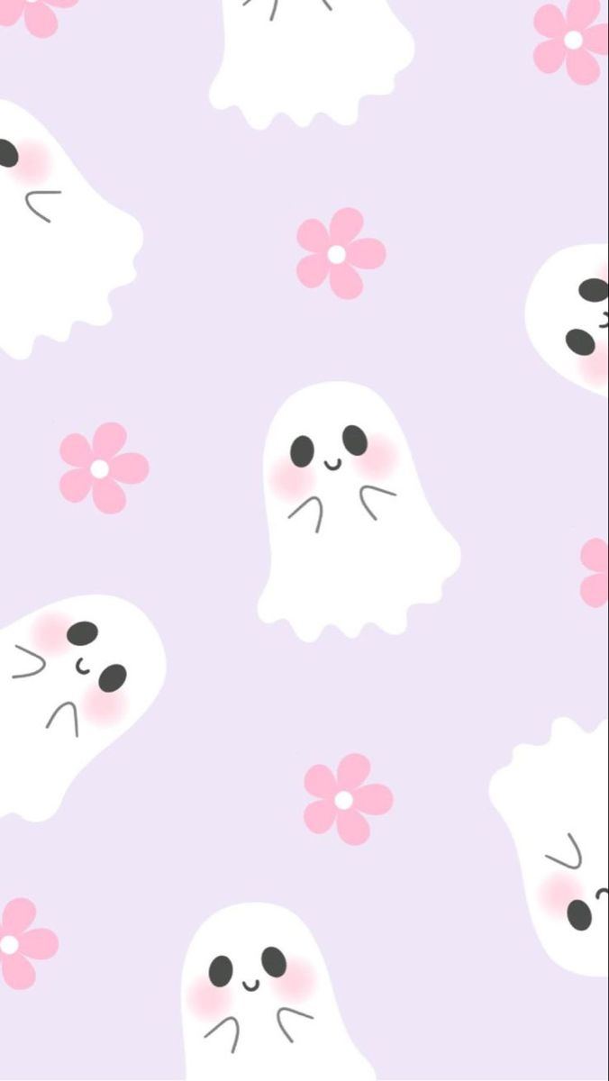 a purple background with white ghost faces and pink flowers