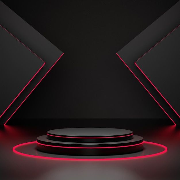 a black room with red neon lights on the floor and an empty podium in front of it