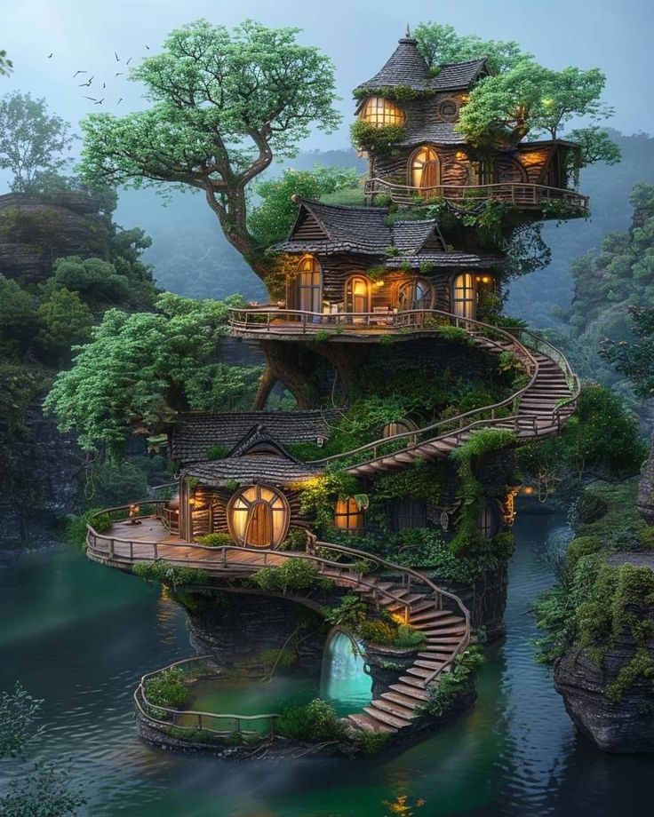 a tree house built into the side of a cliff with stairs leading up to it