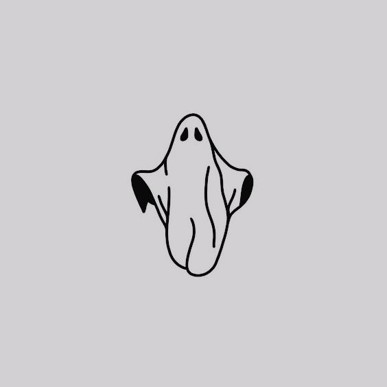 a black and white drawing of a ghost with its eyes closed on a gray background