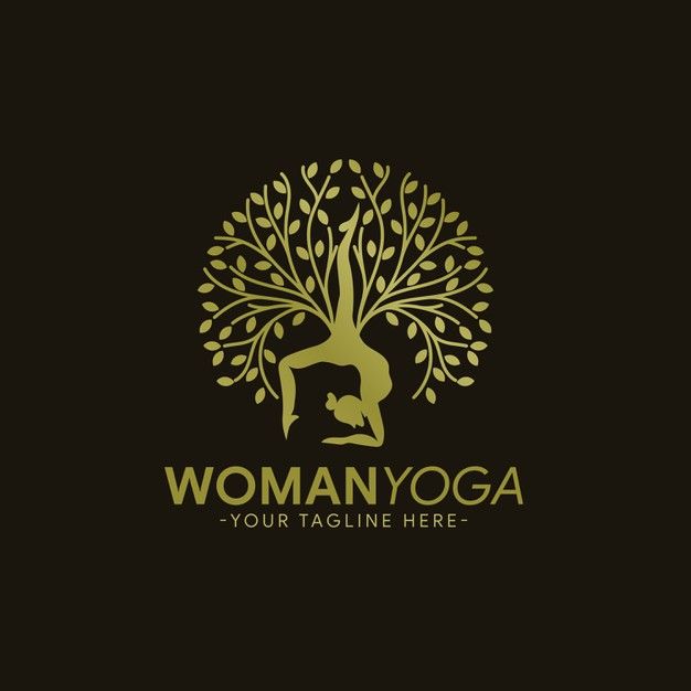 the woman yoga logo is shown in gold and black colors, with an image of a tree