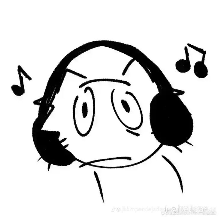 a black and white drawing of a person wearing headphones with music notes in the background