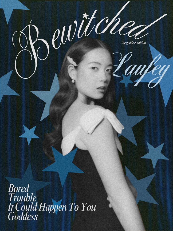 an advertisement for the bewitched lady, featuring a woman in a black dress