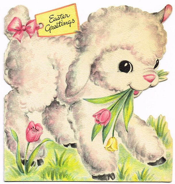 a watercolor painting of a baby lamb with tulips and an easter message