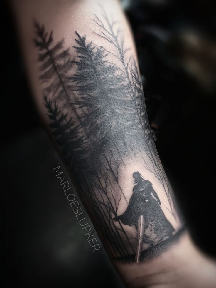 Darth Vader Tattoo Design, Forest Tattoo Sleeve, Star Wars Tattoo Sleeve, Lightsaber Tattoo, Darth Vader Tattoo, Star Tattoos For Men, Cover Up Tattoos For Men, Tattoo Coverup, Forest Tattoo