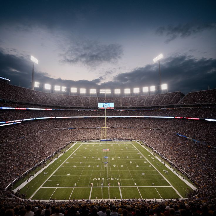 a football stadium filled with lots of people watching the game at night or in the dark