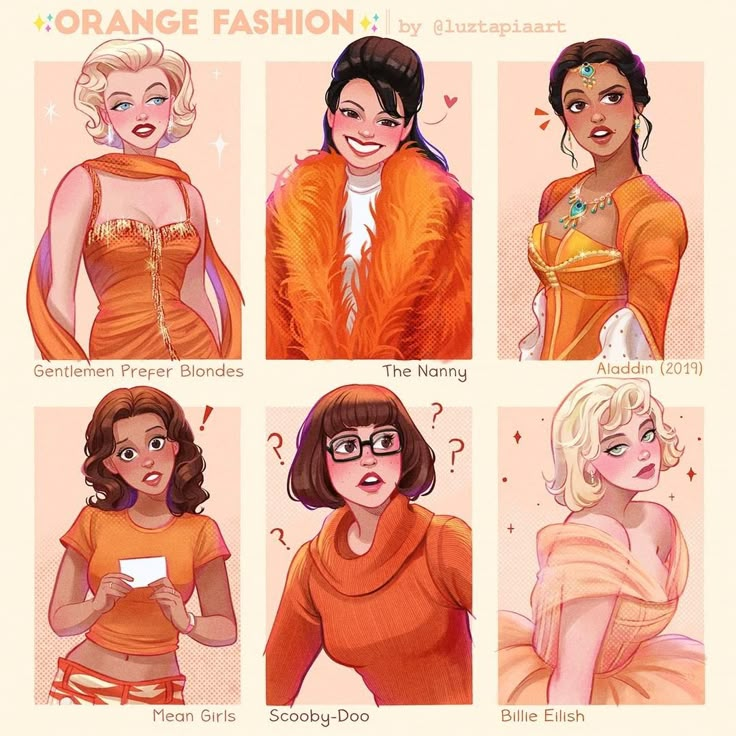 an image of women in orange outfits with question marks on their chests and the words orange fashion written below them