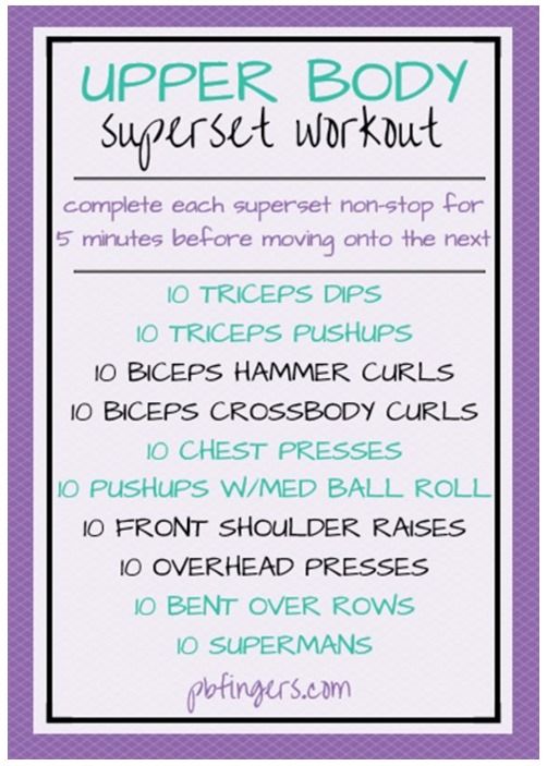 the upper body superset workout routine is shown in purple and white with green lettering