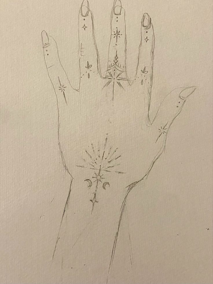 a drawing of a person's hand with five pointed fingers and stars on it