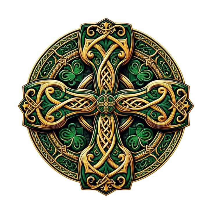 an intricate celtic cross with four leaf clovers on the center, surrounded by green and gold filigrees