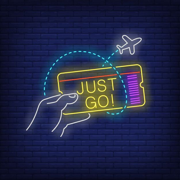 a neon sign that says just go with an airplane in the sky and a hand holding a