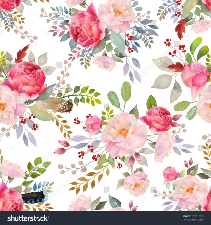 watercolor floral pattern with pink roses and green leaves on white background for wallpaper