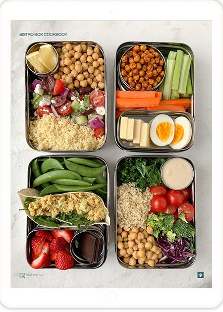 four trays filled with different types of vegetables and food on top of each other