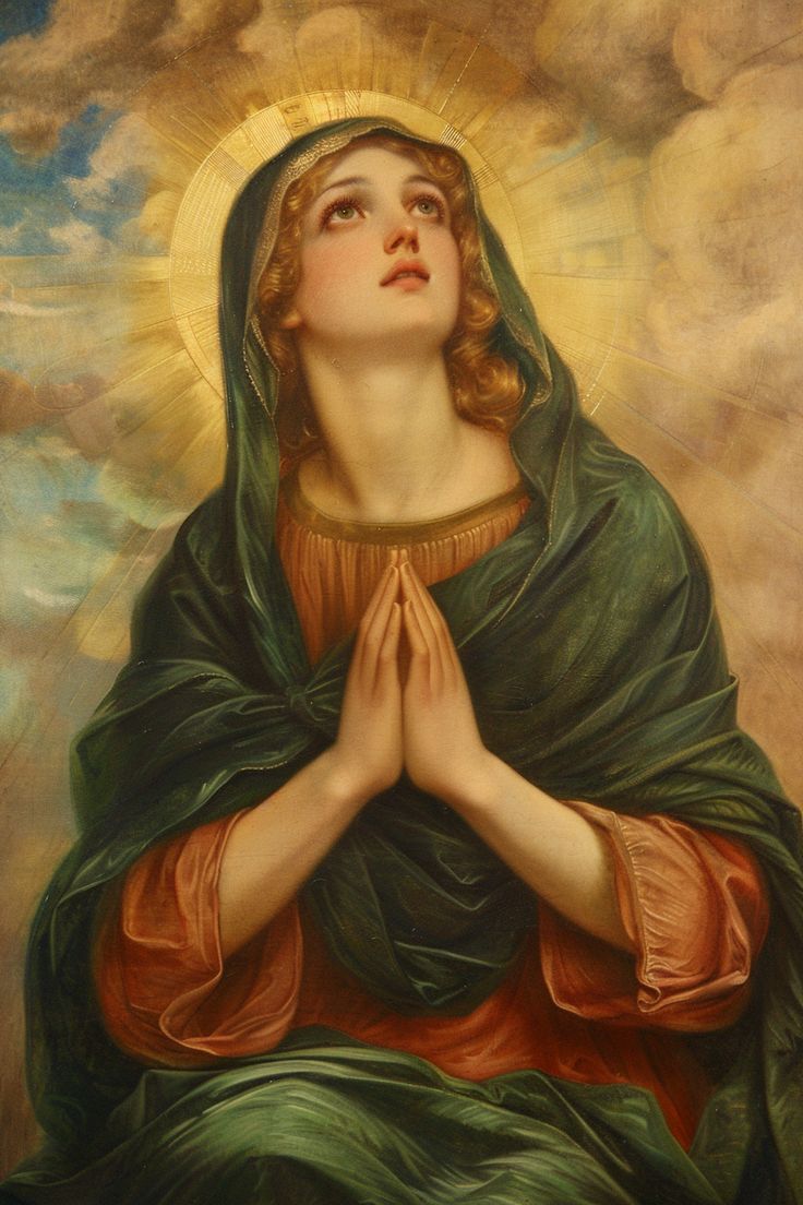 the immaculate mary with her hands folded up in prayer, looking upward into the sky