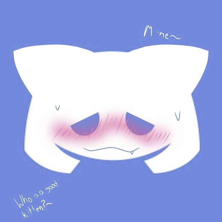 a drawing of a white cat's face with red eyes and pink cheeks on a blue background