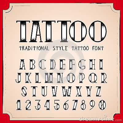 an old fashioned tattoo font and numbers on a white background with red trimmings