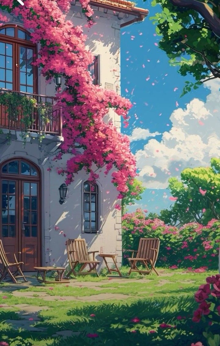 a painting of a house with pink flowers on it