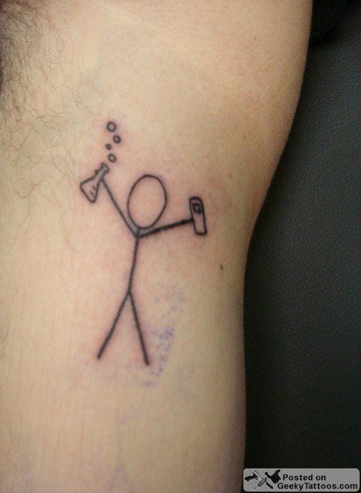 a stick man with a hammer and an ice cream cone on his arm is depicted in this tattoo design