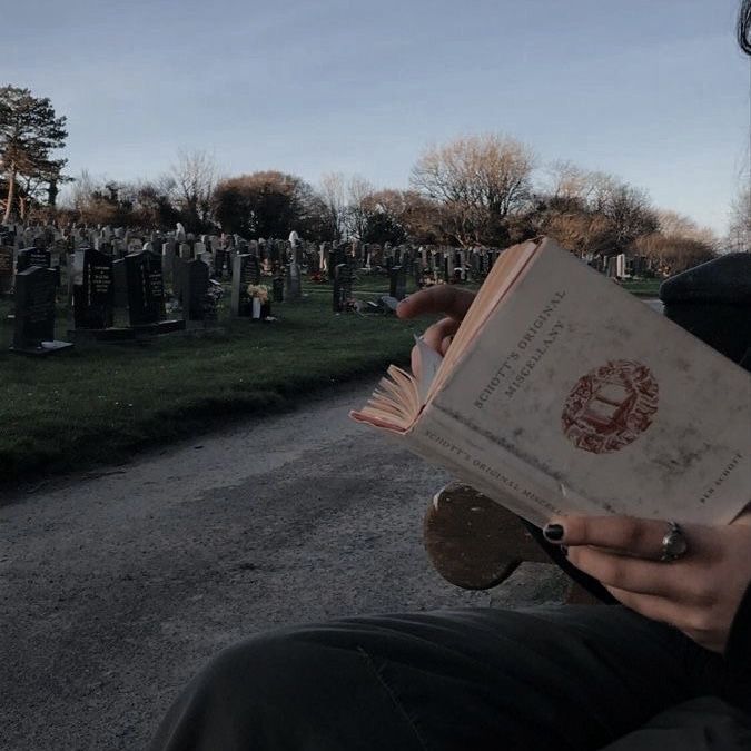 a person sitting down reading a book in the middle of a cemetery with headstones behind them