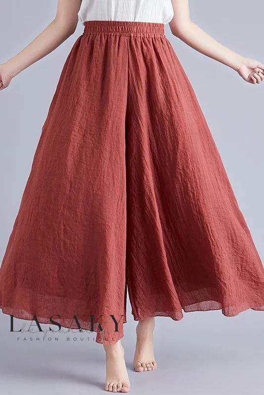 Lasaky - Elastic Waist Cotton Linen Wide Leg Skirt - Solid Color Tribal Flared Skirt Wide Leg Culottes, High Waist Wide Leg Pants, Culotte Pants, Wide Leg Linen Pants, Trouser Pants Women, Straight Trousers, Ankle Length Pants, Women Pants Casual, Wide Leg Trousers