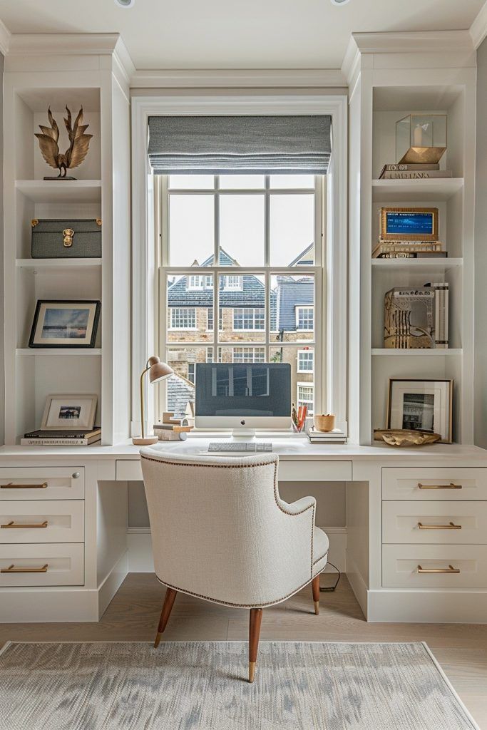 a home office with built - in shelving, desk and chair by the window