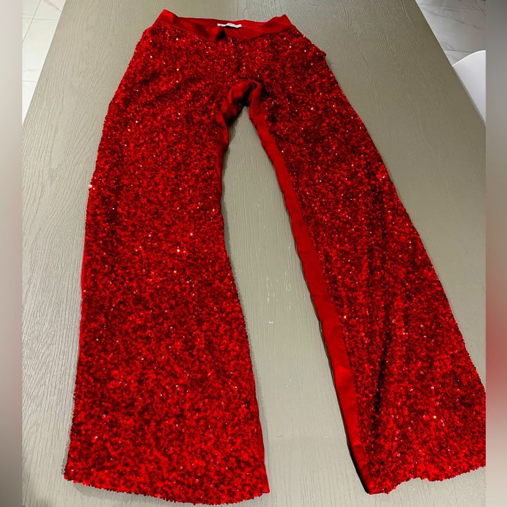 Nonchalant Label Red Sequin And Silk Pant Size S Brand New, No Tag Red Fitted Pants For Evening, Red Wide Leg Bottoms For Evening, Evening Fitted Red Pants, Glamorous Red Sequined Bottoms, Red Sequined Bottoms For Night Out, Red Full Length Pants For Night Out, Elegant Red Bottoms For Festive Season, Red Full Length Pants For Party, Red Fitted Pants For Party