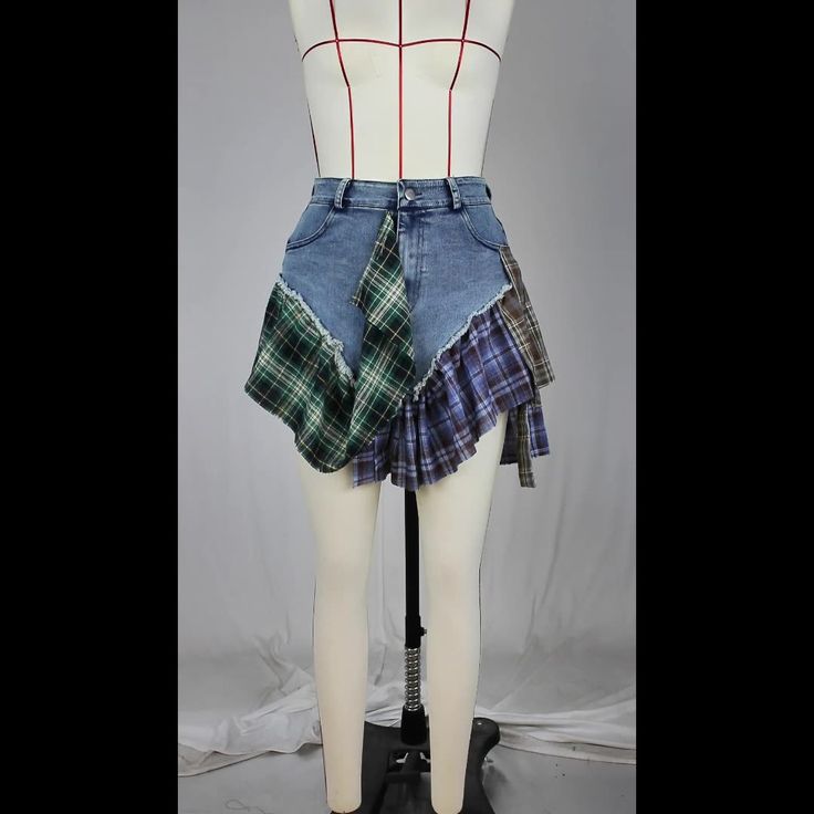 Tavimart Plaid Patchwork Ruffles Jeans Skirts Shorts Women Summer High Waist Button Fly Pockets Fashion Casual Culotte Streetwear Green High Waist Patchwork Bottoms, Green High-waist Patchwork Bottoms, Casual Plaid Skirt With Patchwork, Green Patchwork Mini Skirt, Casual Patchwork Mini Skirt Bottoms, Pockets Fashion, Shorts Women, Jean Skirt, Fashion Casual