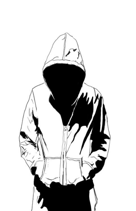 a black and white drawing of a person wearing a hoodie with his hands in their pockets