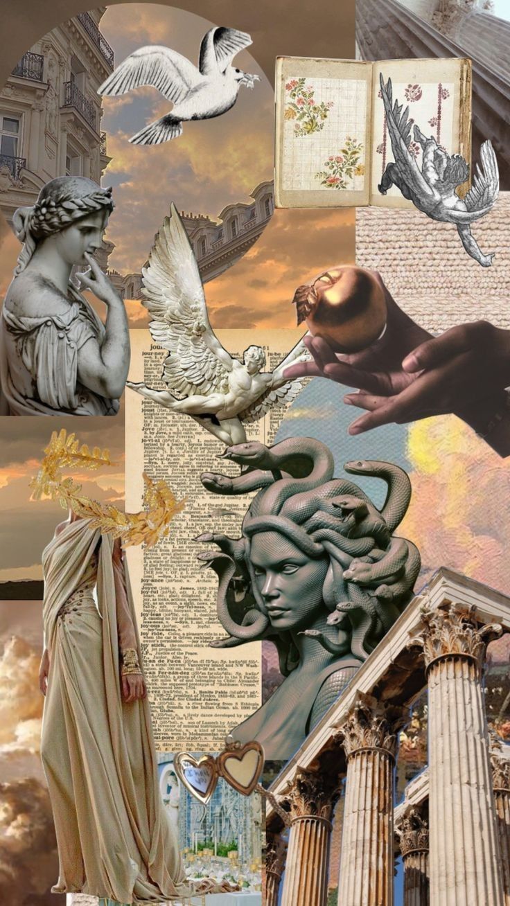 the collage shows many different things in this photo, including statues and books on them